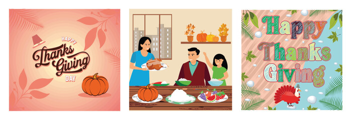 Festive Thanksgiving Greeting. Family Celebrates Dinner Together. Turkey and Colorful Decoration.
