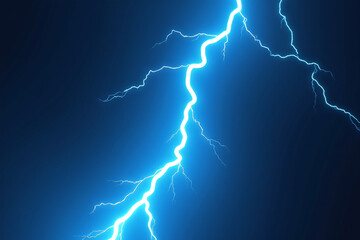 Photograph of a vivid blue lightning bolt against a dark, stormy sky, with sharp, branching tendrils and a glowing core.
