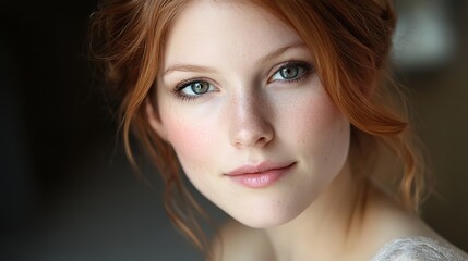 Naklejka premium close up woman face portrait with calm and optimistic vibes, red hair green eyes woman gentle smile 