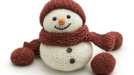 Knitted Snowman Wearing A Burgundy Hat And Scarf