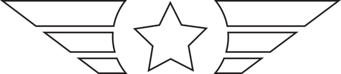 Star wings icon in trendy black line design. Army logo template. Military logo concept. Winged logo company, delivery and shipping symbol vector illustration isolated on transparent background.