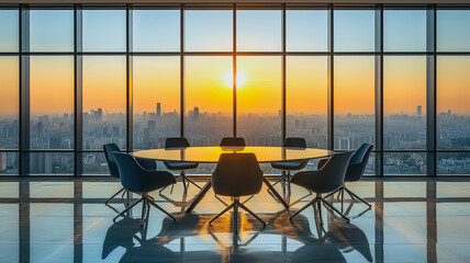 Fototapeta na wymiar Sunset Boardroom: A panoramic view of a modern boardroom overlooking a breathtaking sunset cityscape. The sleek, circular table is surrounded by chairs.