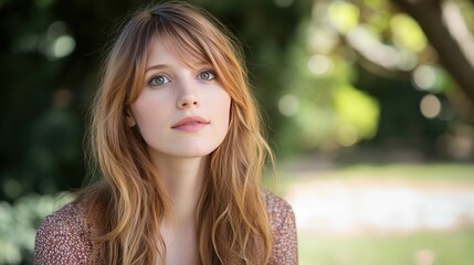 Naklejka premium close up woman face portrait with calm and optimistic vibes, blonde hair woman at green park 