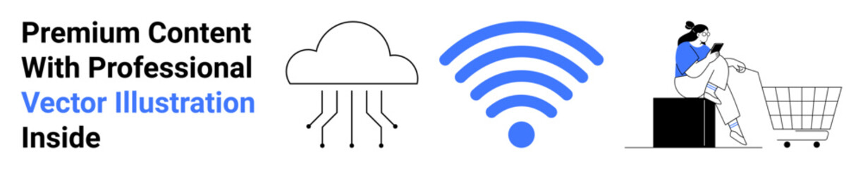 Cloud with data lines, wireless icon, woman using smartphone beside shopping cart. Ideal for tech, e-commerce, digital connectivity, cloud services, online retail, mobile usage flat landing page