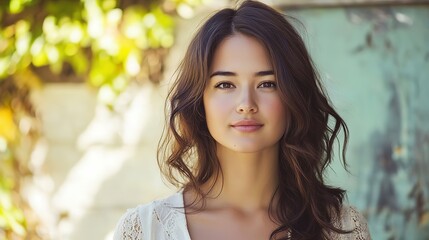 Naklejka premium close up woman face portrait with calm and optimistic vibes, smiling Mexican woman 