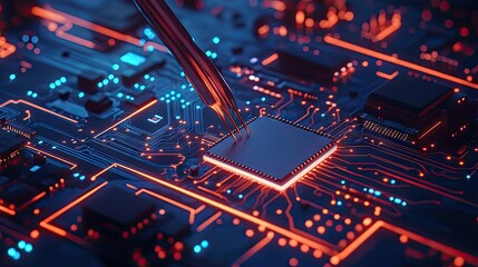 Obraz premium Close-up of tweezers holding a chip over a detailed circuit board with fine soldered connections.