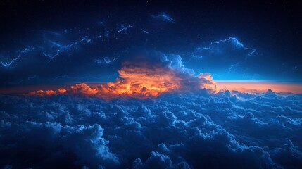 Fototapeta premium A very realistic image, storm clouds and lightning in the sky seen from the window of a plane at an altitude of 30,000 meters above sea level