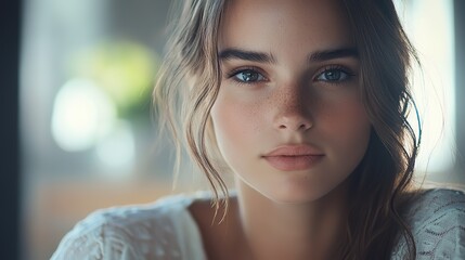 Fototapeta premium close up woman face portrait with calm and optimistic vibes, Caucasian woman at home 