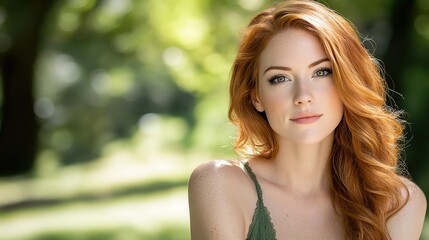 Naklejka premium close up woman face portrait with calm and optimistic vibes, charming red hair woman at green lush park 