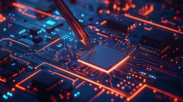 Close-up of tweezers holding a chip over a detailed circuit board with fine soldered connections.