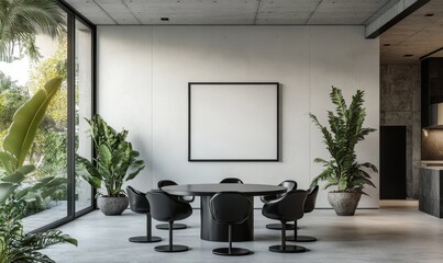 Modern dining room with round table, black chairs, large frame, and plants.