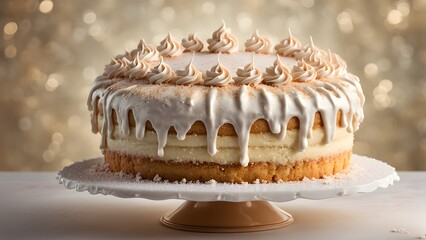 Delicious two-layer cake with meringue frosting and a drip glaze, displayed on a cake stand against a sparkling bokeh background.
