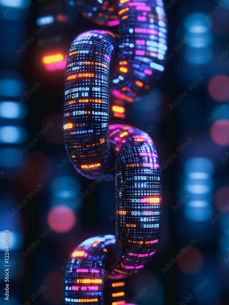 Poster digital chain of data: a futuristic, abstract chain made of digital data pulses, glowing with vibran