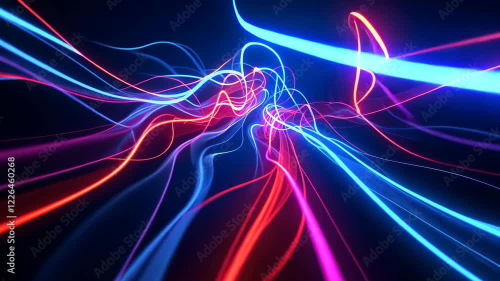 Poster mesmerizing neon light trails creating dynamic movement in dark abstract space