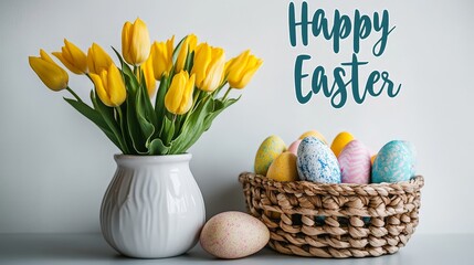 A decorative Easter basket with colorful eggs, willow branches, and tulips in a rustic setting. Ideal for Easter campaigns, blogs, or festive decor inspiration.