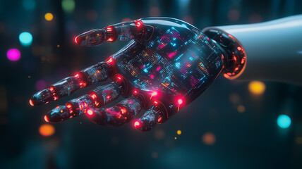 Cybernetic Hand Reaching Out: A futuristic, cybernetic hand with glowing red circuits extends towards the viewer in a captivating image that explores themes of technology, innovation.
