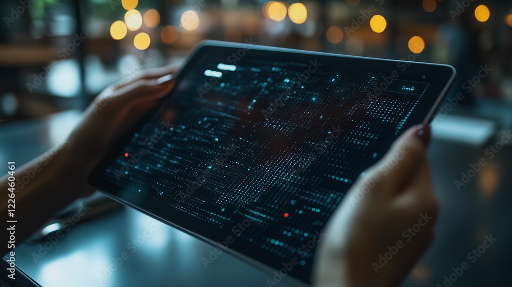 Poster digital nomad: hands holding a tablet displaying complex data, showcasing a futuristic user interfac