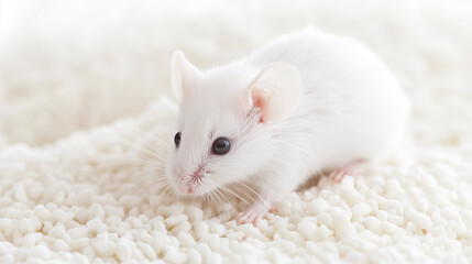 Albino Mouse on Soft Bedding: An adorable albino mouse with bright, inquisitive eyes sits on a bed of soft, white bedding, creating a charming and peaceful image. 