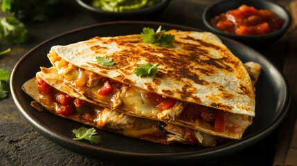 A crispy and golden chicken quesadilla filled with melted cheese, grilled chicken, and saut&eacute;ed peppers
