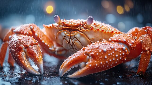 Alaskan king crab with diamond skin and strobe light effect , dynamic lighting, and stage reflections