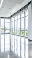Fototapeta premium Spacious empty office with large windows, natural light, and minimalist style