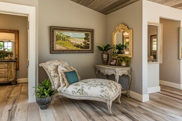 Elegant vintage lounge chair with decor in modern interior setting