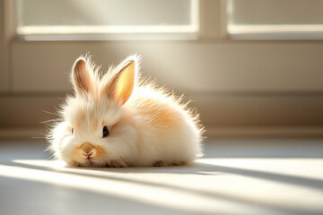 Adorable fluffy rabbit resting peacefully on a sunlit floor near a window, creating a cozy atmosphere
