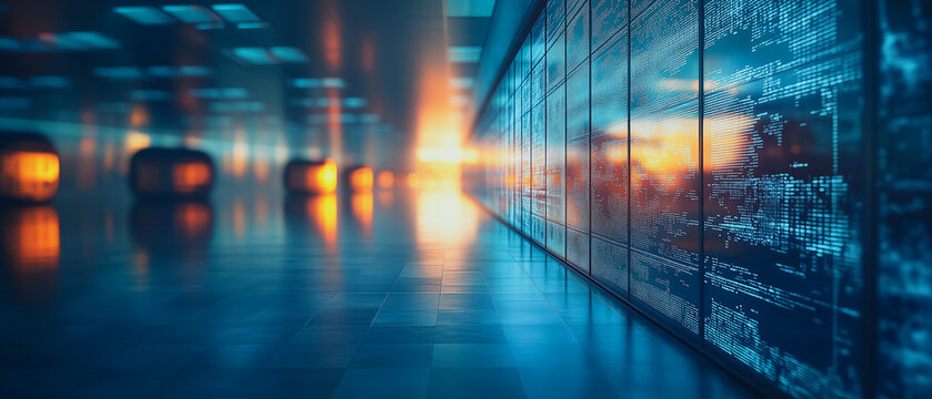 Data Stream Reflections: An abstract and futuristic cityscape, illuminated by a vibrant sunset casting reflections on the sleek, mirrored surfaces of data displays.