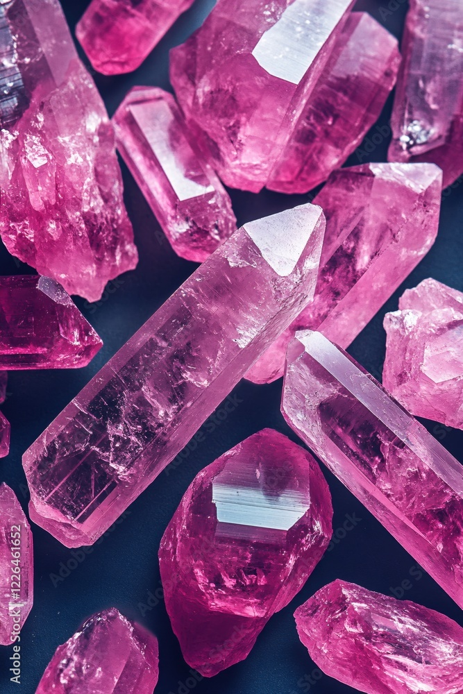 Poster pink crystal cluster on dark surface with sharp edges and facets for a modern design element