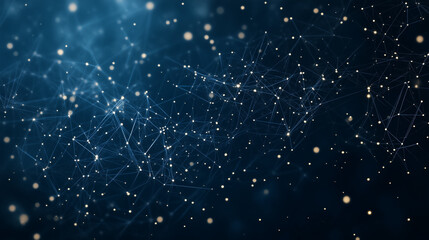 Obraz premium Interconnectedness: A mesmerizing abstract design featuring an intricate network of interconnected lines and points, illuminated with soft golden light against a rich, dark blue backdrop.