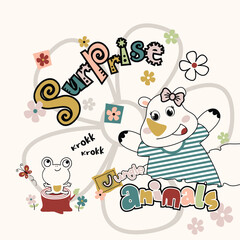 Adorable animal character surrounded by beautiful flower decorations in a vibrant vector illustration.
