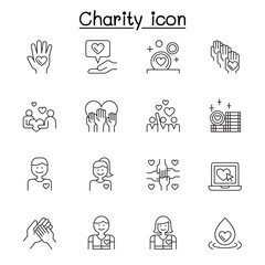 Charity, donation and volunteer icon set in thin line style