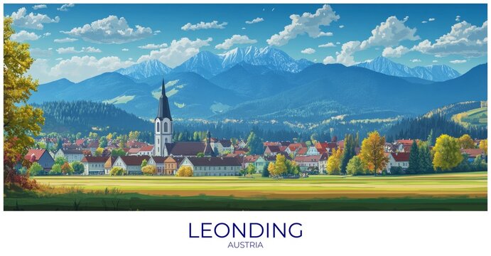Leonding Austria Travel Poster Flat Illustration Print Decor Gift Canvas Wall Art