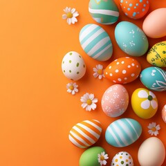 A vibrant arrangement of white and orange Easter eggs in the corner of a bright orange background. Perfect for modern seasonal designs or cheerful holiday marketing.