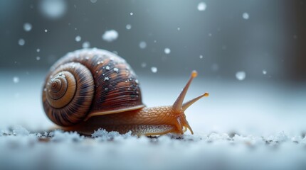 A close-up of a snail's shell, with a blurred background of a winter