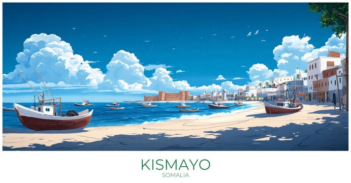 Kismayo Somalia Travel Poster Flat Illustration Print Decor Gift Canvas Wall Art