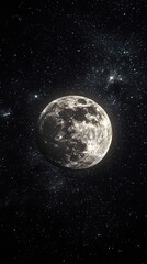 Full moon and stars in a dark night sky celestial scene with craters and lunar surface
