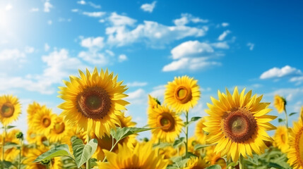 Sunflower field with cloudy blue sky. Sunflower landscape
