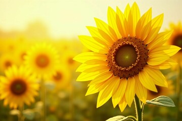 Obraz premium Golden Sunflowers in Full Bloom Under the Clear Summer Sky in a Picturesque Landscape