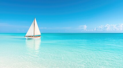 Obraz premium Sailboat at anchor in turquoise water, tranquil beach background; perfect for travel or vacation brochures