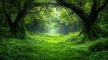 Fototapeta premium Lush green forest landscape featuring tall trees and vibrant grass under the clear blue sky, fiction fantasy illustration