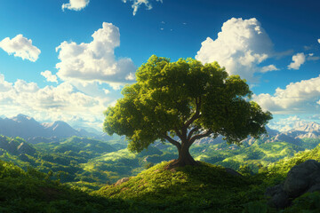 Fototapeta premium A majestic tree stands alone on a lush green hillside.