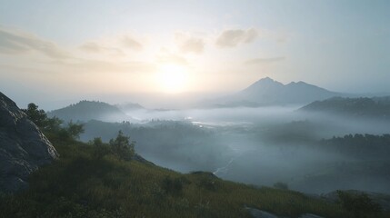 A misty sunrise casts a soft glow over a vast valley with mountains and trees in the distance