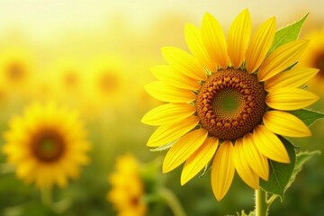 Obraz premium Bright and Vibrant Sunflower Blooming in a Summer Field with a Warm Golden Glow