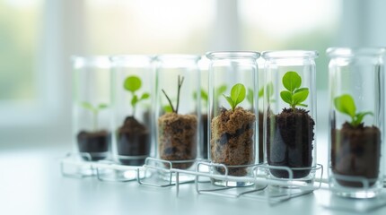 Test tubes filled with different layers of soil, standing in a row, scientific setting, white background, clean laboratory environment.