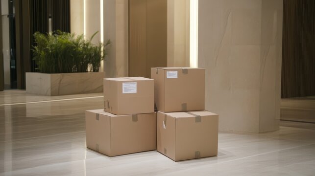 Stacked labeled cardboard boxes in modern office lobby symbolizing business relocation