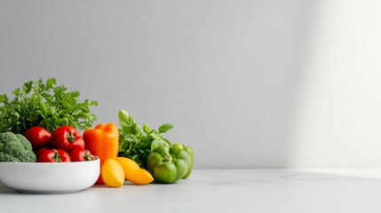 Fresh Colorful Vegetables on a Minimalist Table - A vibrant display of fresh vegetables featuring tomatoes, peppers, broccoli, and greens, perfect for healthy cooking and meal prep.