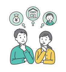 Fototapeta premium 若い夫婦がお金や住まいや子育てに悩む上半身イラスト