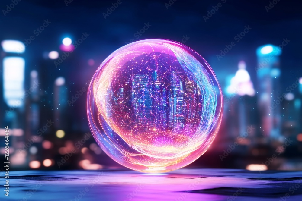 Poster glowing sphere with intricate patterns in a futuristic city - a vibrant glowing sphere represents in