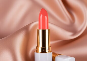 Luxury lipstick in coral pink shade with gold and white packaging on soft silky background in studio lighting